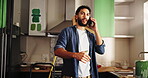 Phone call, paint and remodeling with man in kitchen for subcontractor research, project and color idea. Home improvement, renovation and diy supplier contact with person in house for communication