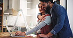 Laptop, hug and renovation with couple in home for research, real estate development or diy. Remodeling discussion, project support and maintenance with man and woman in kitchen for online idea