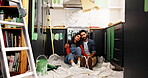 Couple, rest and hug with painting for kitchen renovations, upgrade and maintenance. New home, man and woman tired for diy, makeover and decoration decision with creative homeowner and art tools