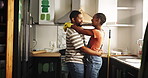 Smile, black couple dance and painting in home for love, bonding and romance with diy decoration. Renovation, man and woman moving to music, talking or laugh for celebration or remodeling kitchen