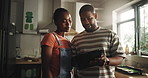Painting, kitchen and couple on tablet in home for inspiration, renovation ideas and planning. Interior design, remodeling and black man and woman on tech for diy, creative project and decor website