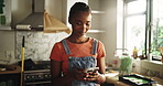 Painting, kitchen and black woman with phone for diy inspiration, renovation ideas and planning. Interior design, remodeling and person on smartphone for internet, website or app for creative project