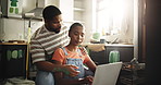 Painting, kitchen and black couple on laptop in home for inspiration, renovation ideas and planning. Interior design, remodeling and man with woman on computer for diy, creative project and website