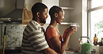 Happy, black couple and break with coffee in kitchen renovation for home improvement or love. Man, woman or lovers with hug, drink or paint in rest for interior design, house change or DIY together