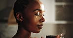 Home, daydreaming and black woman in kitchen, coffee and steam with contemplation, gratitude and calm. African person, apartment and girl with herbal tea, warm and decision with aroma and thinking