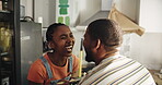 Black couple, laugh and joke with kitchen for home renovation, upgrade and bonding. New house, paint supplies and people happy for makeover with comedy, support or care with teamwork for love and diy