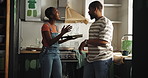 Home, argument and black couple with renovation, talking and conversation with paint in kitchen. People, apartment and man with woman, property interior or fighting with conflict, angry or frustrated