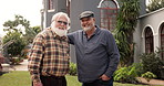 Face, hug and senior men with care, friends and happy for reunion at nursing home, bonding or smile. Embrace, pensioner and old people in retirement, together and support for assisted living in USA