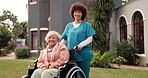 Old woman, wheelchair and nurse in garden with face, talk and laugh in retirement with mobility support. People, caregiver and outdoor with elderly person with disability, happy or help with services
