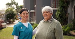 Face, nurse and help with old woman in garden for support, occupational therapy and trust. Healthcare, smile and caregiver with people in nursing home for retirement, medical advice and kindness