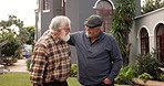 Friends, hug and senior men with smile, together and excited for reunion at nursing home or bonding. Welcome, elderly people and embrace for pensioner, laughing and care in assisted living or support