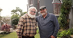 Face, hug and senior men with smile, friends and happy for reunion at nursing home, bonding or care. Embrace, pensioner and old people in retirement, together and support for assisted living in USA