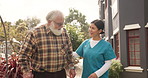 Woman, nurse or walking with senior patient for mobility or assisted living at nursing home. Female person, caregiver and helping elderly man with stick for physical activity or retirement healthcare