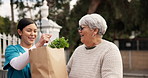 Support, nurse and help with old woman and grocery for smile, occupational therapy and trust. Healthcare, nutritionist advisor and caregiver with people in nursing home for retirement and kindness
