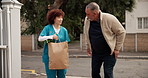 Kindness, nurse and help with old man and grocery for support, occupational therapy and trust. Healthcare, nutritionist and caregiver with person with a disability in nursing home for retirement