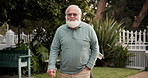 Cane, face and smile with old man in nursing home for walking stick, help and healthcare. Medical, retirement and elderly care with person with a disability for wellness, hospice and assisted living