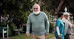 Happy, senior man and face with walking stick at nursing home for retirement or assisted living. Portrait, male person or smile with cane for elderly care, mobility or healthcare at old age house