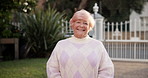 Laughing, face and smile with old woman in nursing home for occupational therapy, help and healthcare. Medical, retirement and elderly care with person in garden for wellness and assisted living