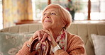 Home, thinking and elderly woman with cane, nostalgia and smile for memories in living room or calm. Happy, reflection and old person with disability, wonder and pensioner with walking stick in house