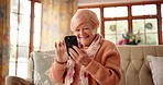 Home, laughing or happy old woman with phone for joke, texting or social media on technology. Relax, network or senior female person on sofa with funny meme for online search, chat or digital website