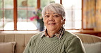 Senior, thinking or face of happy woman on sofa for confidence, resting or wellness in house. Elderly person, retirement or smile in living room with portrait, past memory or peace on break apartment