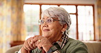 Calm, thinking and elderly woman with cane, nostalgia and smile for memories in living room or home. Happy, reflection and old person with disability, wonder and pensioner with walking stick in house