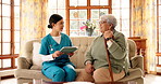 Support, nurse and old woman on sofa, tablet and smile with checkup, help pr medical service. Appointment, happy people or pensioner with professional, home and healthcare with wellness or retirement