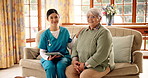Face, nurse and old woman on sofa, tablet and smile with support, help and medical service. Portrait, happy people or pensioner on couch, professional and healthcare with wellness, home or retirement
