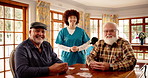 Face, caregiver and playing cards with senior men for contest, game challenge and entertainment. Portrait, happy woman and elderly people for friendly competition, fun bet and bonding at nursing home
