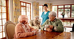 Drinking tea, caregiver and monitor old women in home for medical support, conversation or wellness. Retirement, nurse and checking up on happy senior people with kindness, assisted living or service
