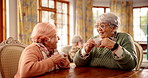 Nursing home, caregiver and senior women with conversation, coffee and wellness with retirement. Elderly group, pensioners or medical service with professional, talking and healthcare with tea break