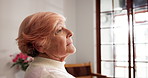 Anxiety, depression and thinking with senior woman in retirement home for memories or nostalgia. Idea, regret and relax with lonely old person in bedroom of apartment for contemplation or frustration