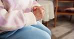 Anxiety, fear and stress with hands of old person in bedroom of retirement home for uncertainty. Afraid, concern and worry with nervous senior in apartment for difficulty, phobia or memory loss