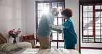 Home, nurse and old man with help, bedroom and recovery with retirement, healing and healthcare. Pensioner, elderly person and caregiver in uniform, support or rehabilitation with wellness or trust