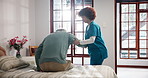 Home, nurse and old man with help, recovery or support with retirement, wellness or healthcare. Pensioner, senior person and caregiver in uniform, people or rehabilitation with discussion or healing