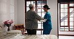 Home, nurse and old woman with help, support and recovery with retirement, smile and health. Pensioner, elderly person and caregiver with balance, empathy or rehabilitation with wellness or healing