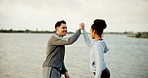 High five, fitness and friends in nature for running goals, exercise and training for marathon. Happy, celebrate and man with woman excited for endurance challenge, wellness and workout outdoor
