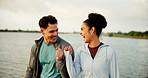 Fist bump, fitness and couple in nature for running goals, exercise and training for marathon. Happy, celebrate and man with woman by water for endurance challenge, wellness and workout outdoor