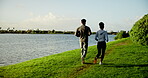 Fitness, running and couple with exercise in nature for marathon, wellness activity and workout. Sports athlete, back and people with pace training by lake for endurance challenge, teamwork or cardio