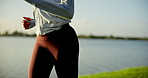 Running, athlete and woman with sportswear, cardio and exercise routine for jog, outdoor and nature. Morning, runner and person with speed for workout, fitness or energy for wellness and training