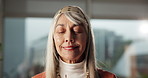 Breathing, meditation and zen with mature woman in home for awareness, inner peace or mindfulness. Balance, calm and holistic healing with senior person in apartment for chakra, health or wellness