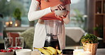 Blueberries, blender and hands of woman with smoothie in kitchen for liquid breakfast with diet or health. Nutrition, wellness and female person with fruit for beverage for morning meal in home. 