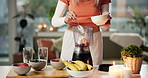 Yogurt, blender and hands of woman with smoothie in kitchen for liquid breakfast with diet or health. Nutrition, wellness and female person with fruit and dairy for beverage for morning meal in home