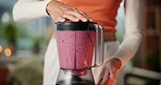 Blender, smoothie and hands of woman in kitchen for health, diet and detox with vitamin benefits. Home, wellness and person with drink, fruit shake and juice for protein, nutrition and digestion
