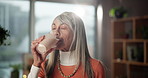 Woman, face and drinking smoothie in house for breakfast shake, healthy diet or vitamin benefits. Morning routine, mature person or protein drink for meal replacement, digestion or wellness nutrition