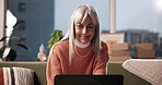 Entrepreneur, logistics or woman with laptop in home for delivery service, online order or shipping. Dropshipping startup, remote work and mature person with tech for package distribution and courier
