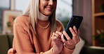 Senior, happy woman and hands with phone in home for communication, browsing or social media. Elderly, female person or user with mobile smartphone for online network, connection or app in house