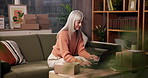 Laptop, woman typing and remote work for logistics shipping or order fulfillment for delivery. Smile, computer and mature freelancer with distribution email, ecommerce sales and drink coffee at home