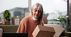 Laptop, mature woman and box for ecommerce, logistics and order update for delivery with remote work. Package, computer and happy freelancer in home for stock, sales and shipping for distribution
