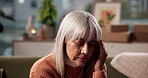Logistics, stress or woman with headache in home for package mistake, lost order or massage temple. Remote work, small business and mature person with migraine on sofa for distribution error or worry